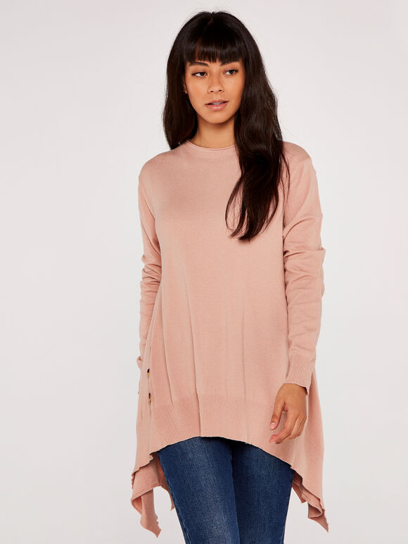 Longline Side Button Jumper, Pink, large