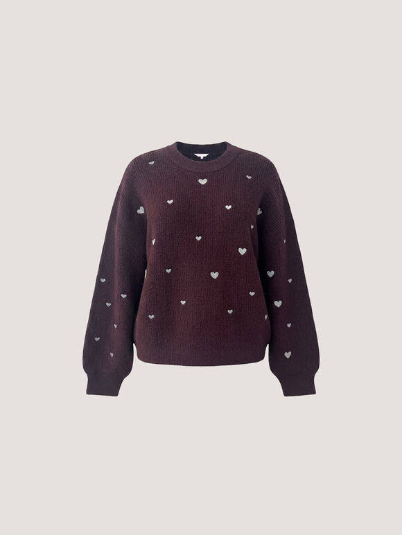 Embroidered Heart Jumper, Plum, large