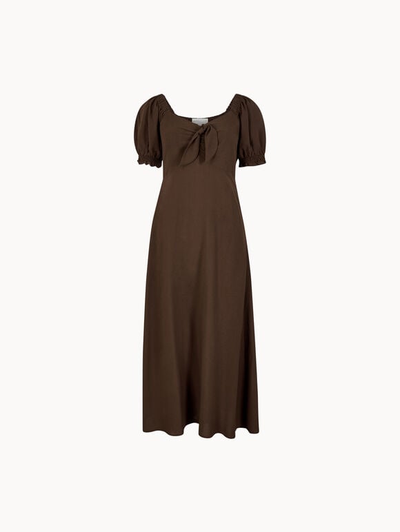 Tie Detail Milkmaid Midaxi Dress, Brown, large