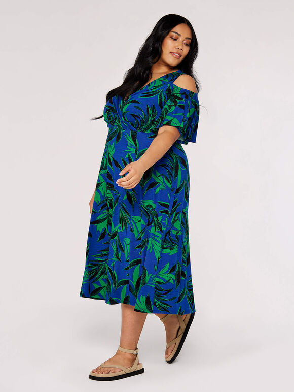 Curve Tropical Palm Midi Dress, Blue, large