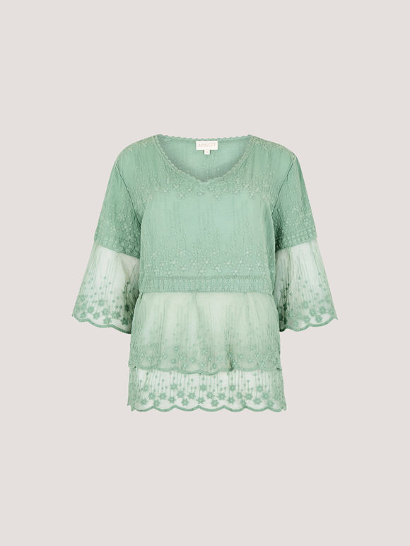 Embroidered Cotton Mesh Blouse, Mint, large