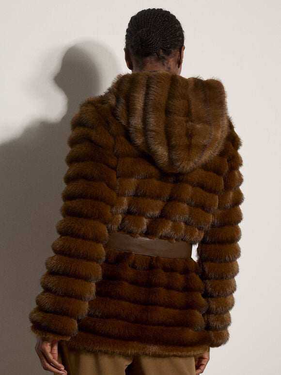 Faux Fur Panel Belted Coat, Brown, large