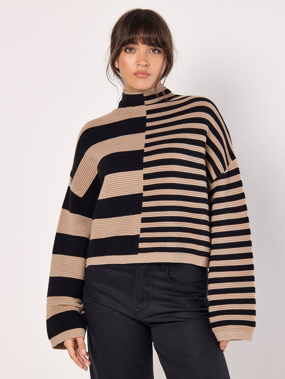 Mixed Stripe Ottoman Rib Knit Jumper, Black, large