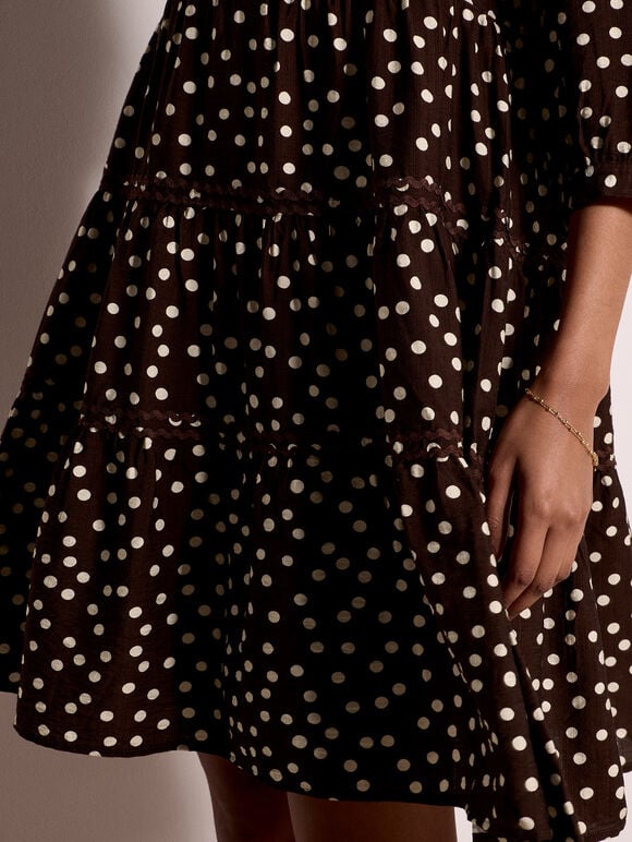 Polka Dot Tiered Mini Dress, Brown, large