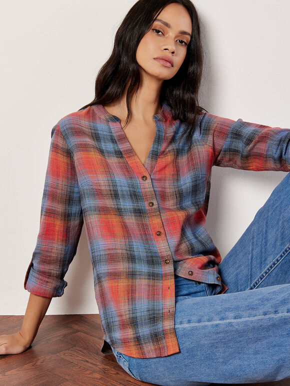 Grandad Collar Check Shirt, Blue, large