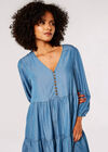 Denim Tiered Mini Dress, Blue, large