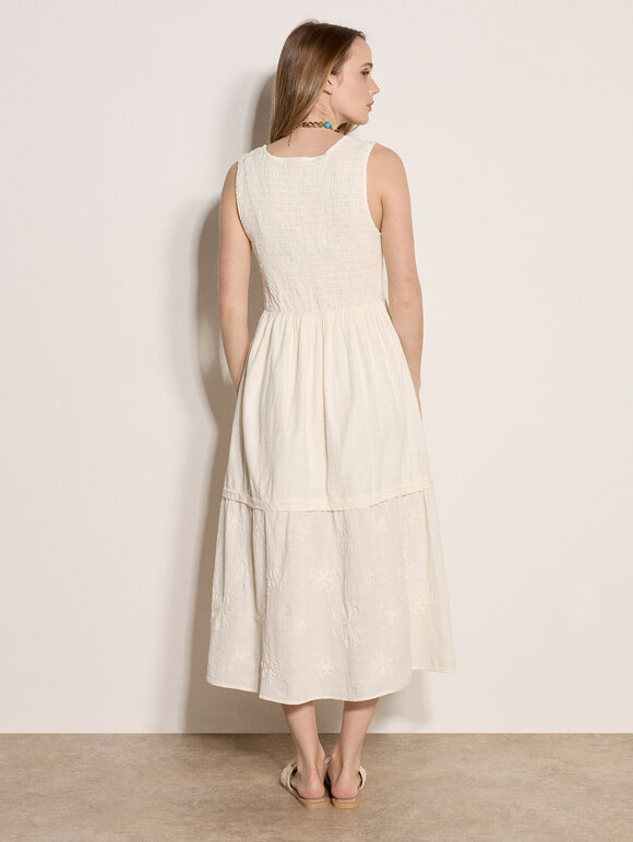 Embroidered Floral Tiered Maxi Dress, Cream, large