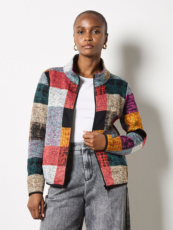 Colourful Check Fleece Jacket, Grey, large