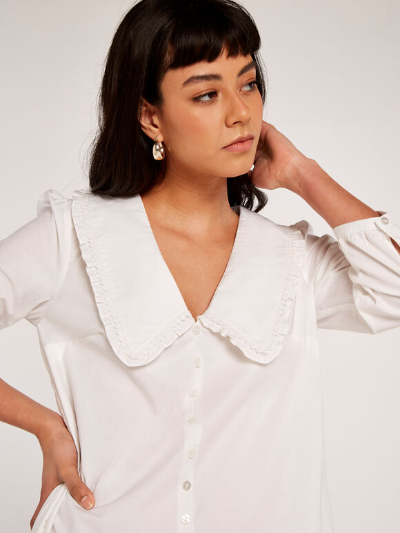 Poplin Lace Collar Shirt Dress, White, large