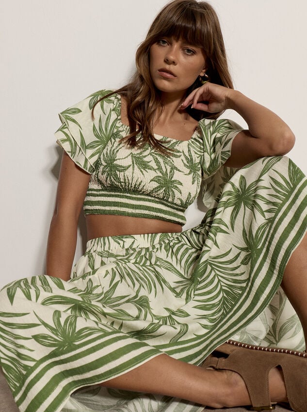 Palm Print Midi Skirt, Cream, large
