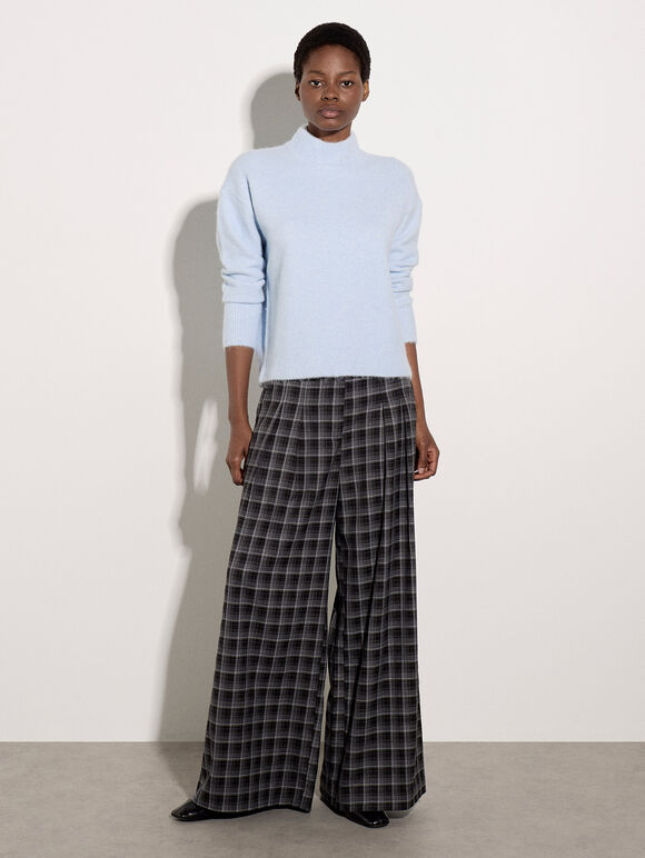 Check Print Tailored Wide-Leg Trousers, Black, large