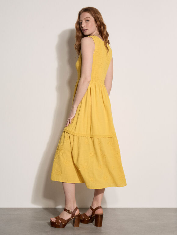 Embroidered Floral Tiered Maxi Dress, Mustard, large