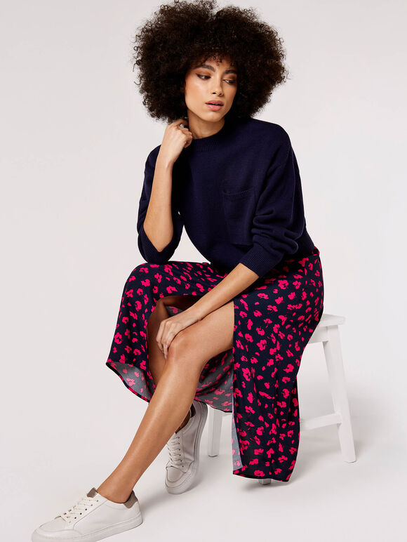 Floral Split Midi Dress, Navy, large