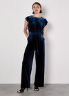 Wide Leg Velvet Ruffle Jumpsuit, Navy, large
