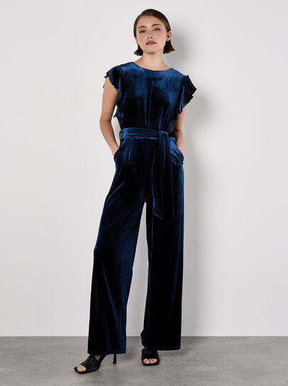 Wide Leg Velvet Ruffle Jumpsuit