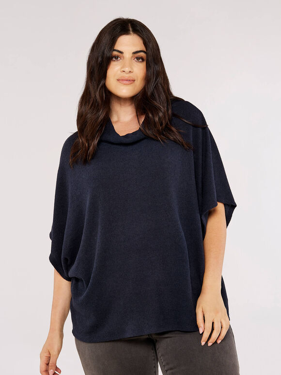 Curve Roll Neck Cape, Navy, large