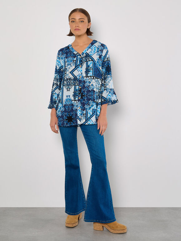 Patchwork Scarf Print Blouse, Blue, large