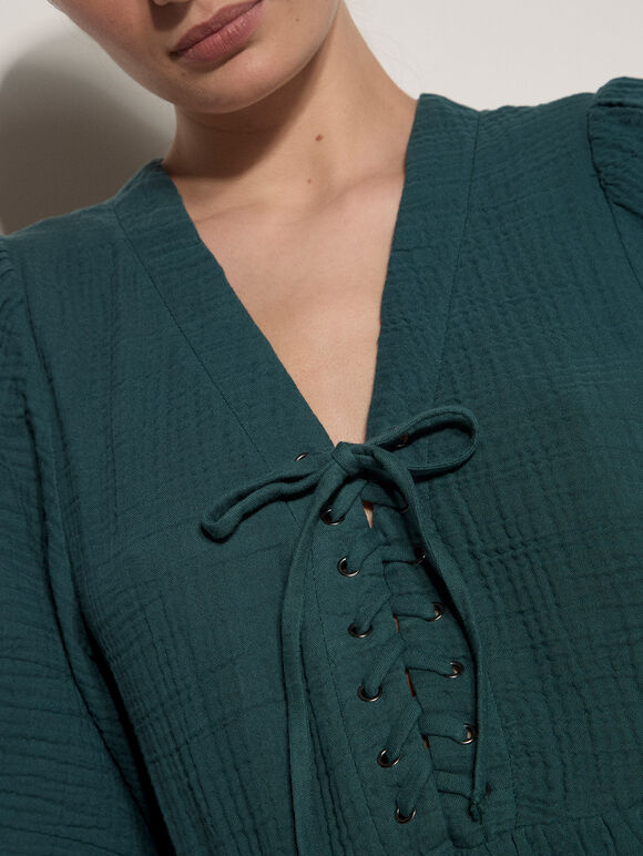 Textured Lace-Up Mini Dress, Green, large