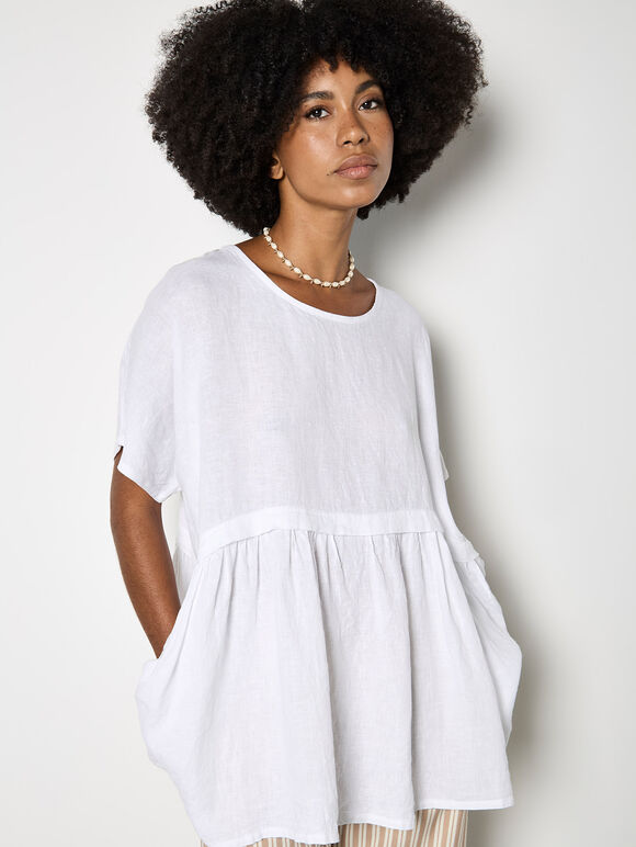 Oversized Pure Linen Tunic, White, large