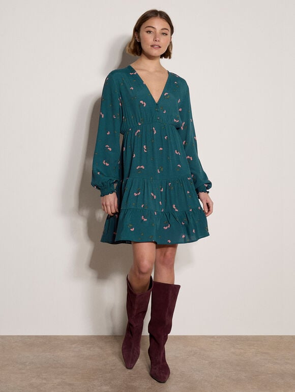 Cherry Print Crepe Mini Dress, Teal, large