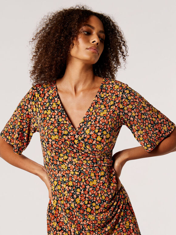 Ditsy Floral Wrap Mini Dress, Mustard, large