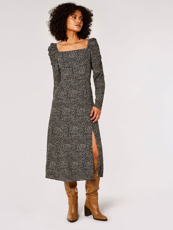 Ruched Milkmaid Midi Dress, Black, large