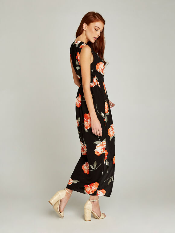 Black Peony Zip Front Maxi Dress, Black, large