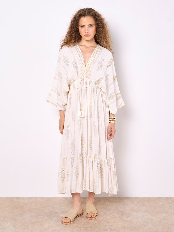 Gold Shimmer Paisley Midi Dress, Cream, large