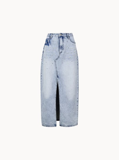 Amara Pearl Embellished Denim Midi Skirt