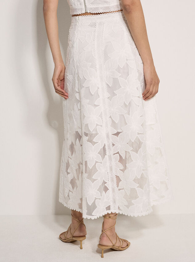 Floral Mesh Lace Midi Skirt, White, large