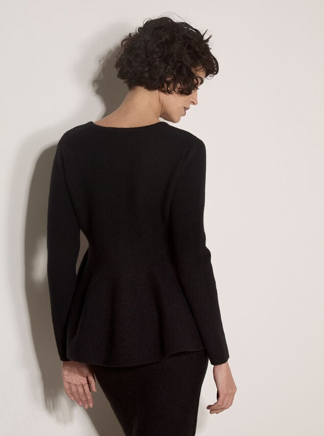 Peplum Hem Rbbed Knit Cardigan, Black, large
