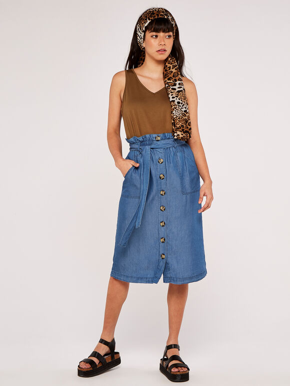 Denim Paperbag Button Through Midi Skirt, Blue, large