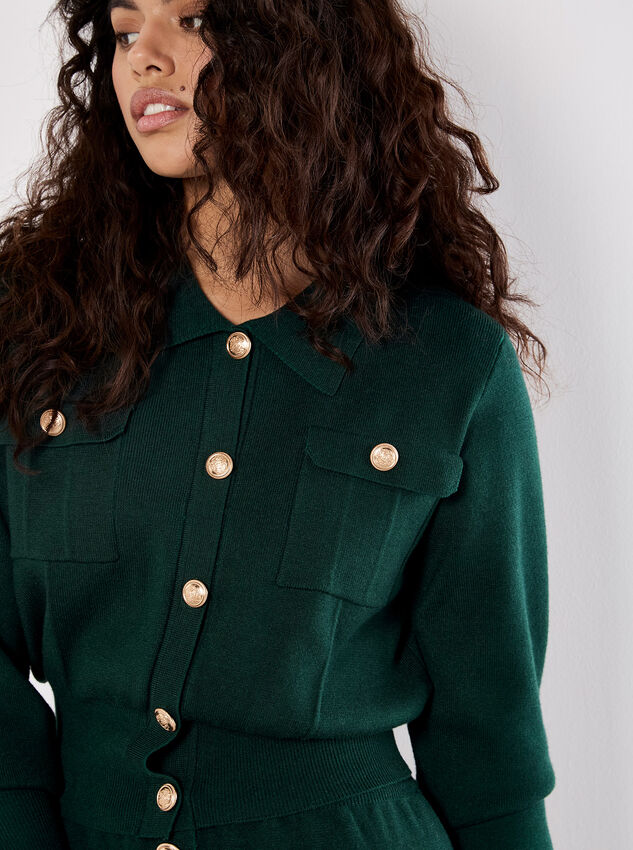 Gold Button Knit Cardigan, Green, large