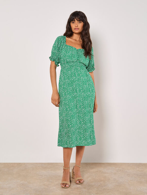Spot Print Milkmaid Midi Dress, Green, large