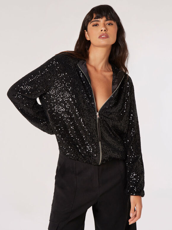 Sequins Bomber Jacket, Black, large