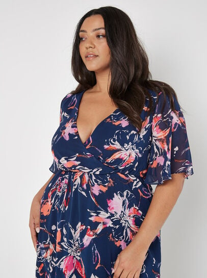 Curve Abstract Floral Wrap Midi Dress