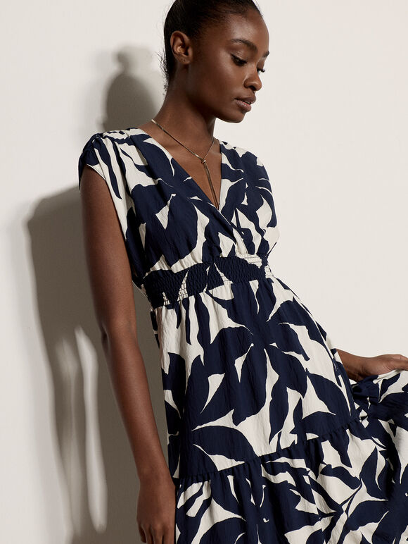 Floral Silhouette Tiered Midi Dress, Navy, large