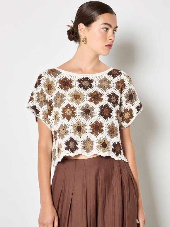 Hexagon Flowers Crochet Top, Rust, large