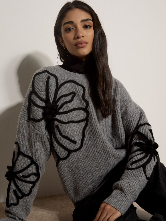 Floral Cornelli Embroidered Jumper, Grey, large