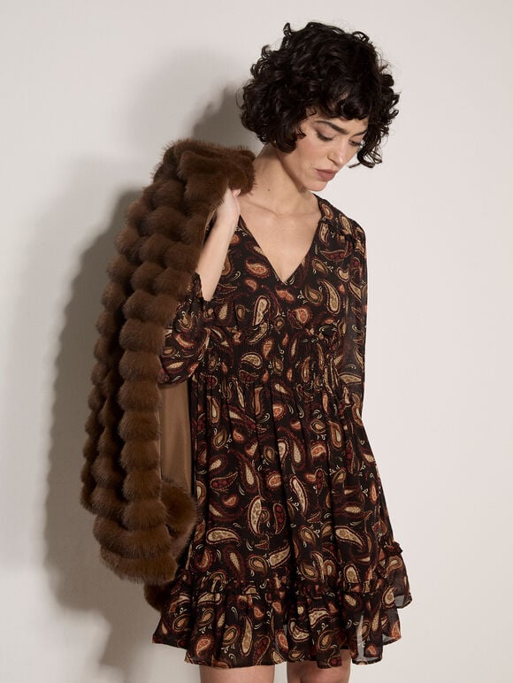Chiffon Ruffle Paisley Mini Dress, Black, large