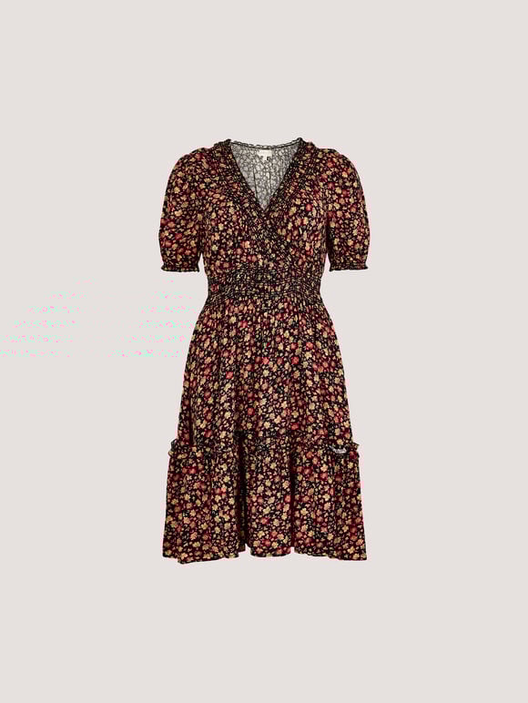 Ditsy Floral Smocked Mini Dress, Orange, large