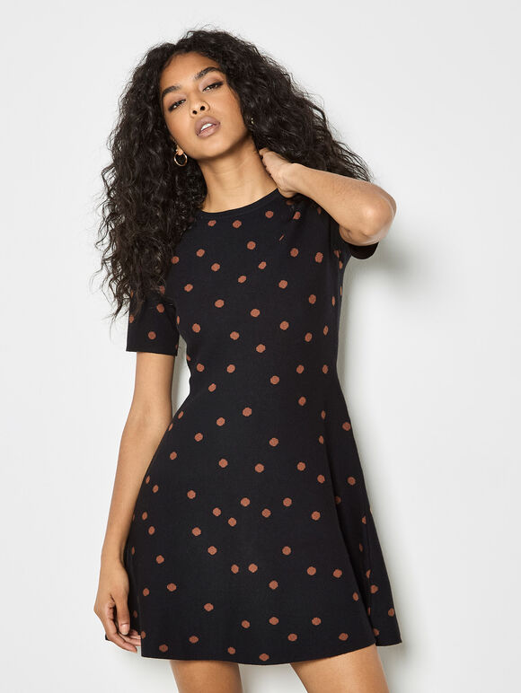 Polka Dot Knitted Shift Mini Dress, Black, large