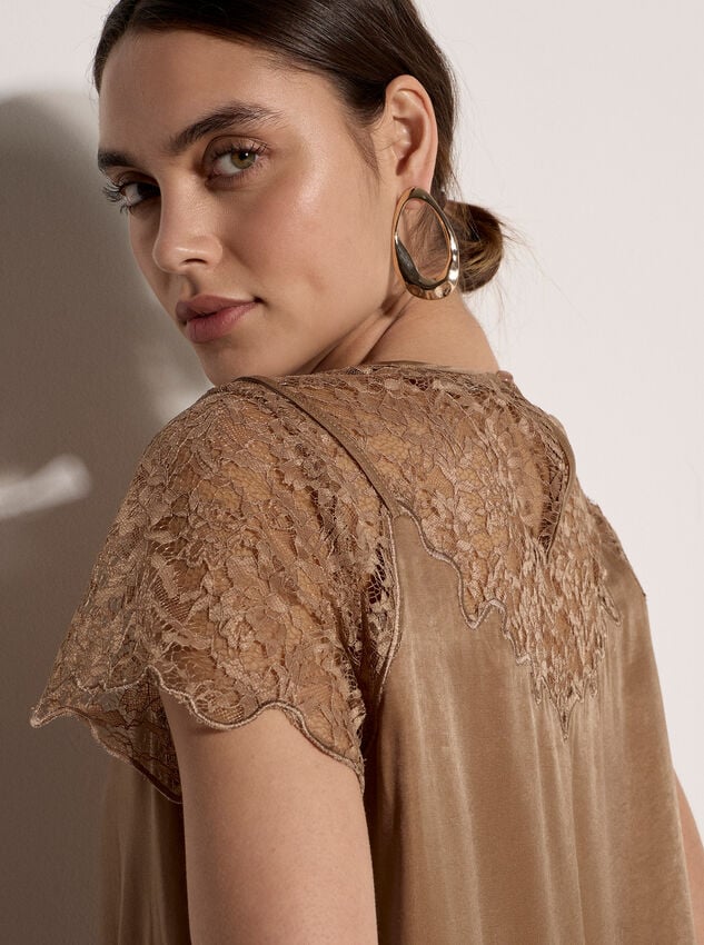 Lace Insert Satin Scarf Top, Gold, large