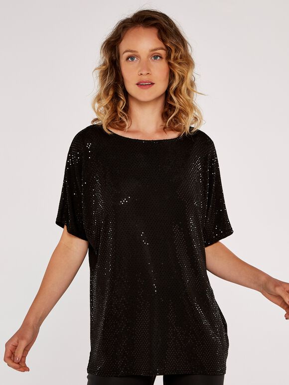 Mini Sequin Batwing Top, Black, large