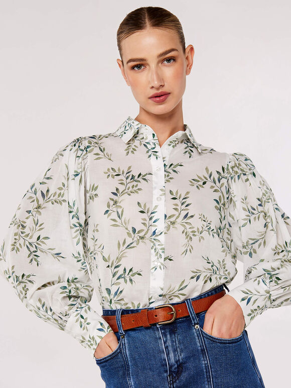 Flowing Leaves Cotton Shirt, Cream, large