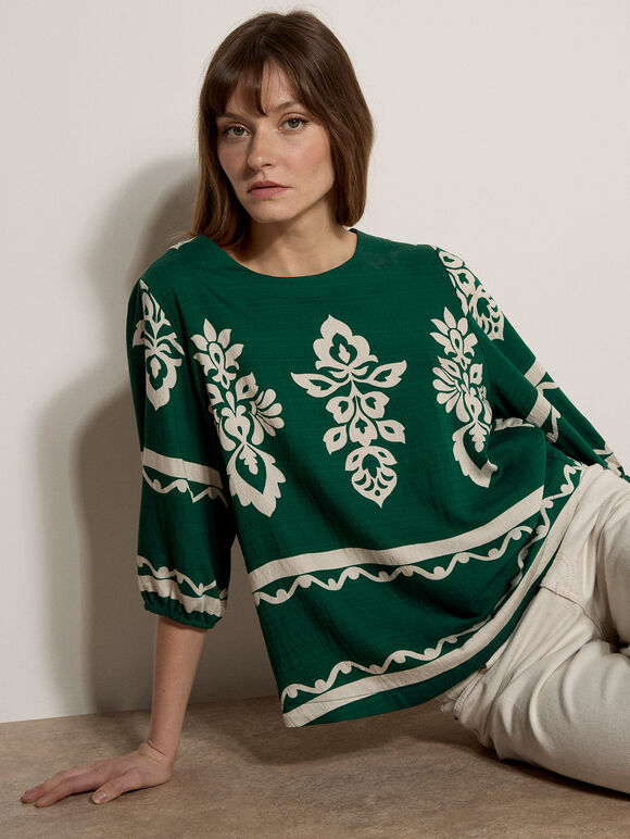 Folk Floral Blouse, Green, large