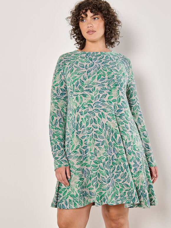 Curve Batik Leaf Soft Knit Mini Dress, Grey, large