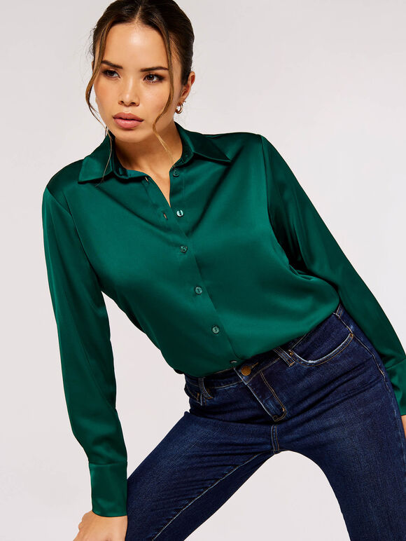 Long Sleeve Satin Shirt, Green, large