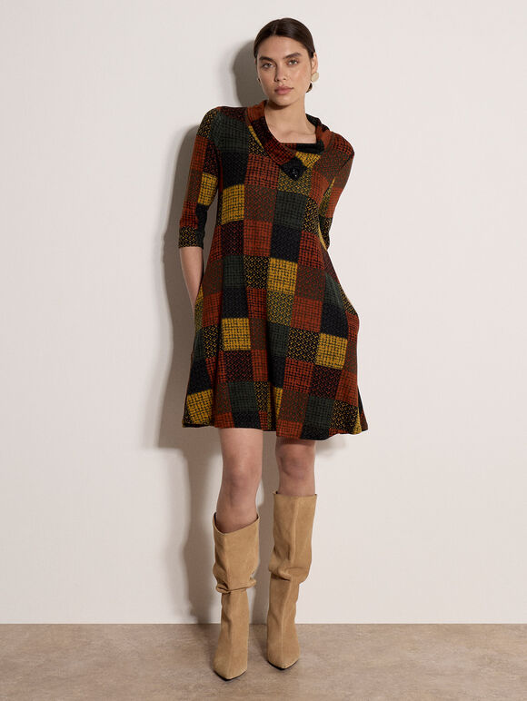 Textured Check Knit Midi Dress, Khaki, large