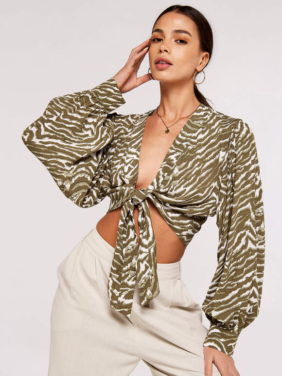 Zebra crop knot top, Khaki, large